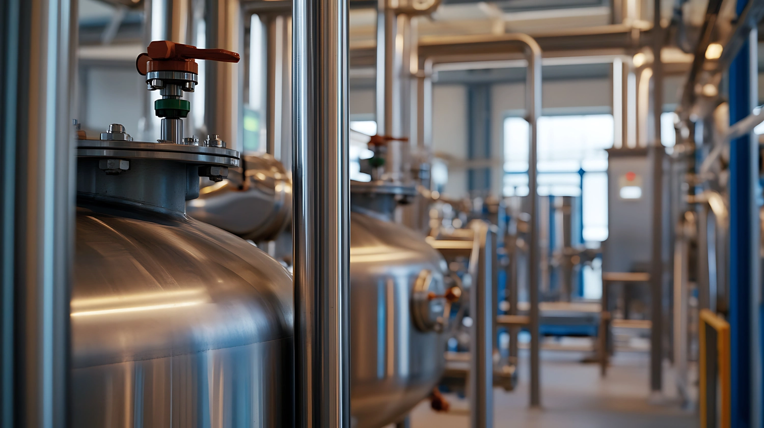  M&N Metallbau - Industrieanlagen: Glänzende Tanks und Rohre in einer sauberen Fabrikumgebung.